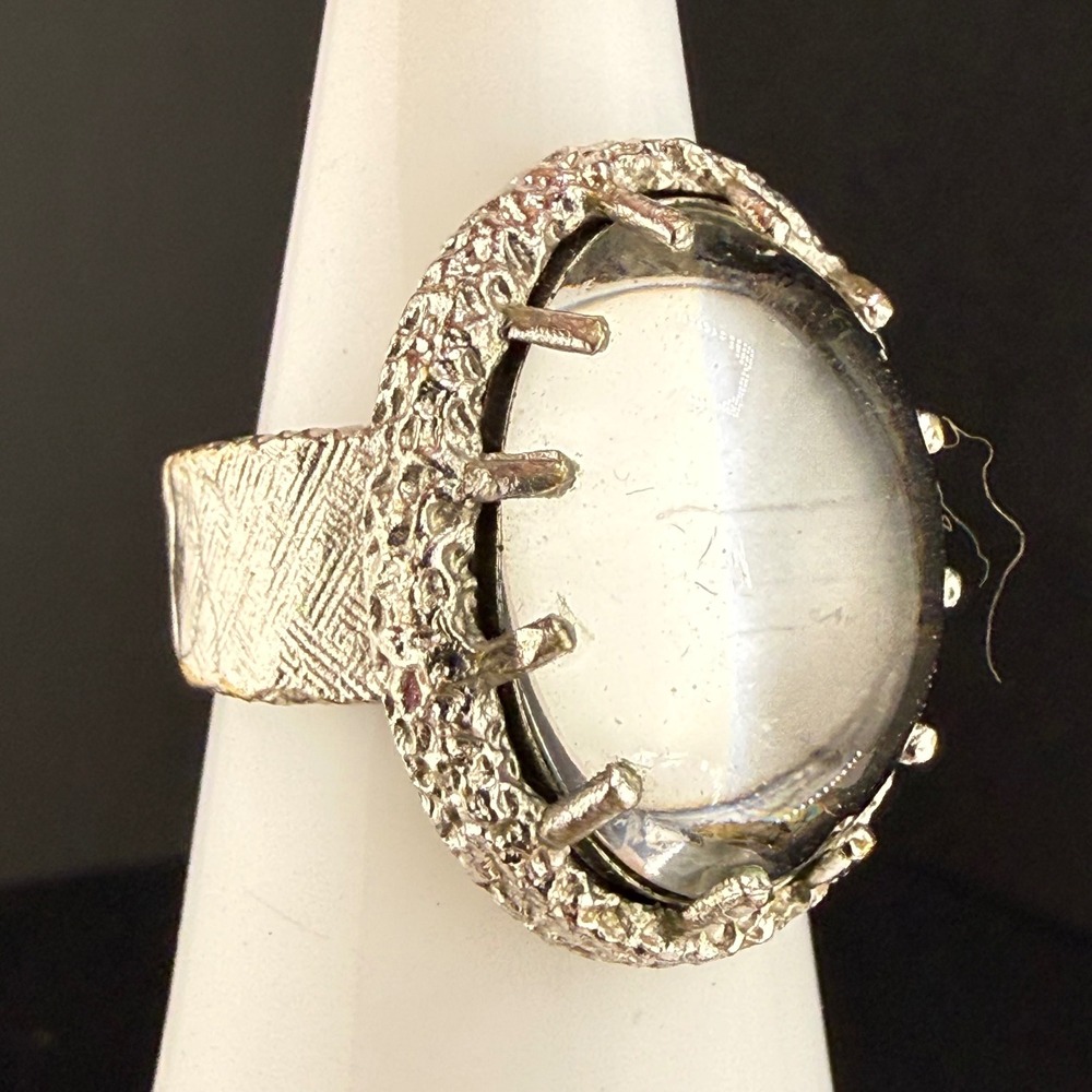 Vintage Signed Moonstone? Ring Textured Wide Band Size 5